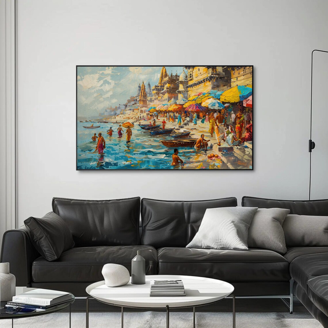 Varanasi Ghats Boats And Temples Colorful India Painting Poster - Image 4