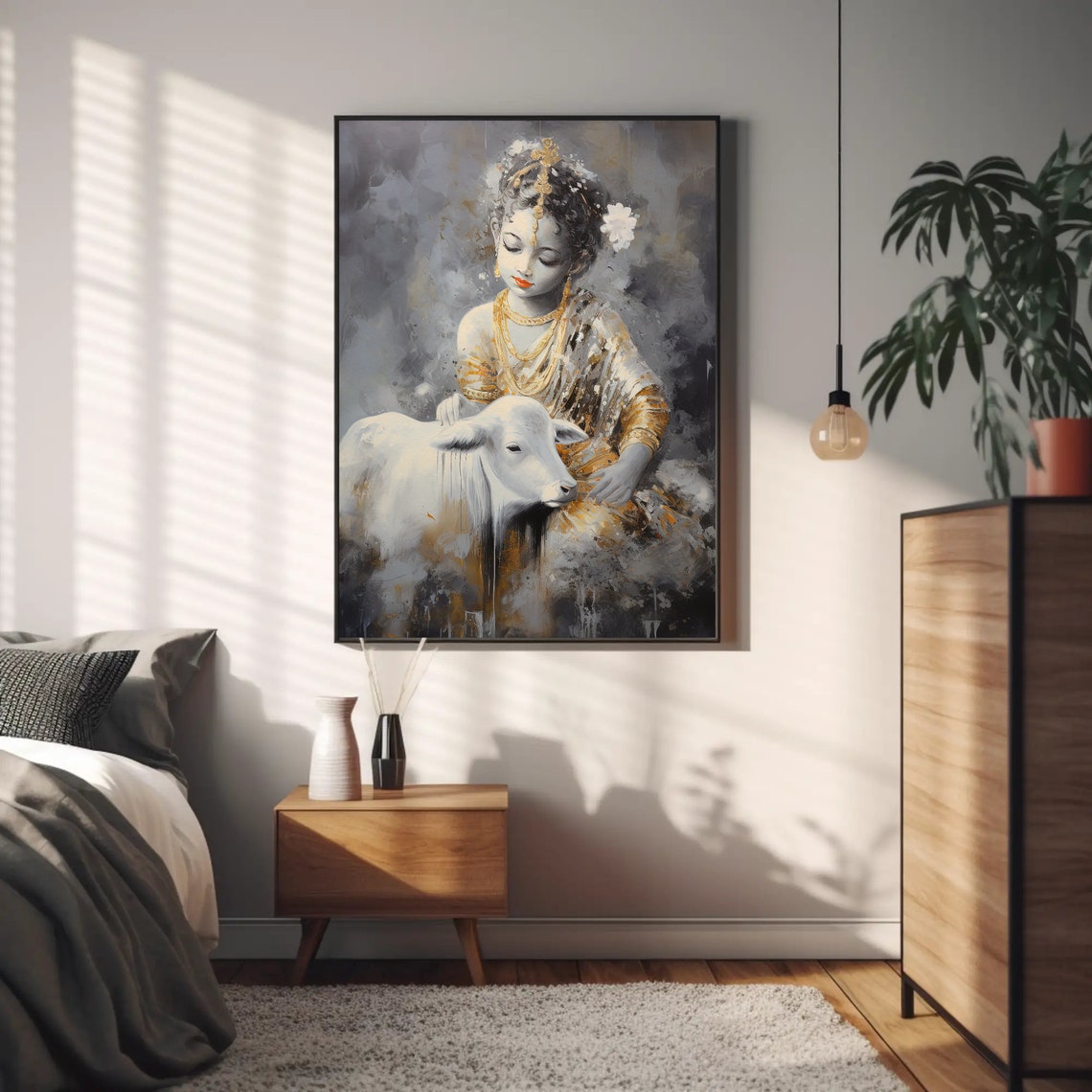 Child Krishna With White Cow Golden Grey Devotional Art Poster - Image 3