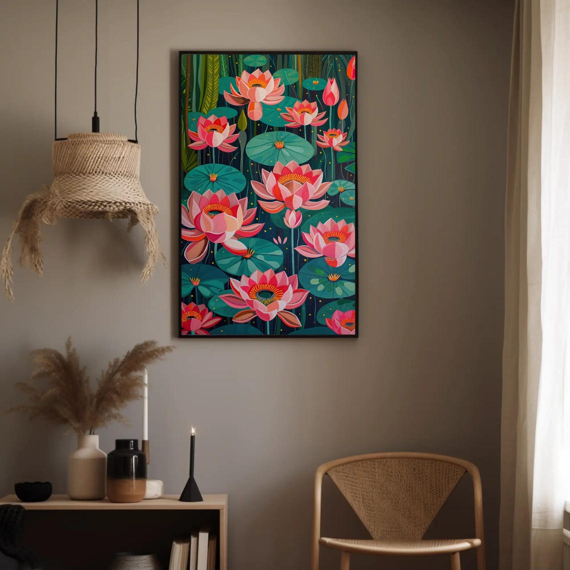 Pink Lotus Flowers On Dark Pond Lily Pads Watercolor Botanical Poster - Image 4