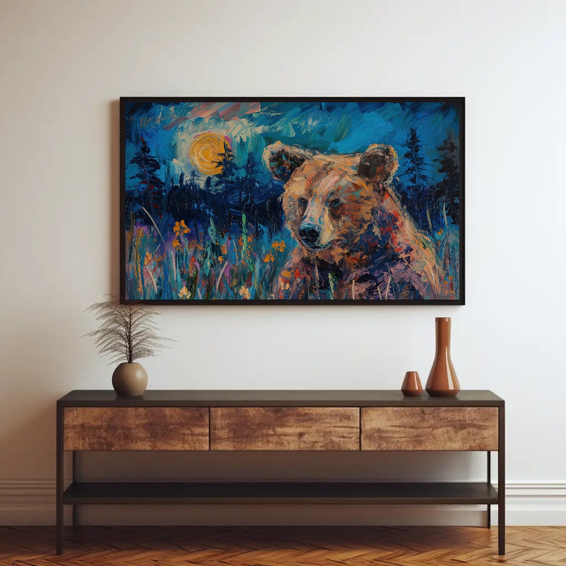 Brown Bear Wildflowers Starry Night Oil Painting Wildlife Poster - Image 2