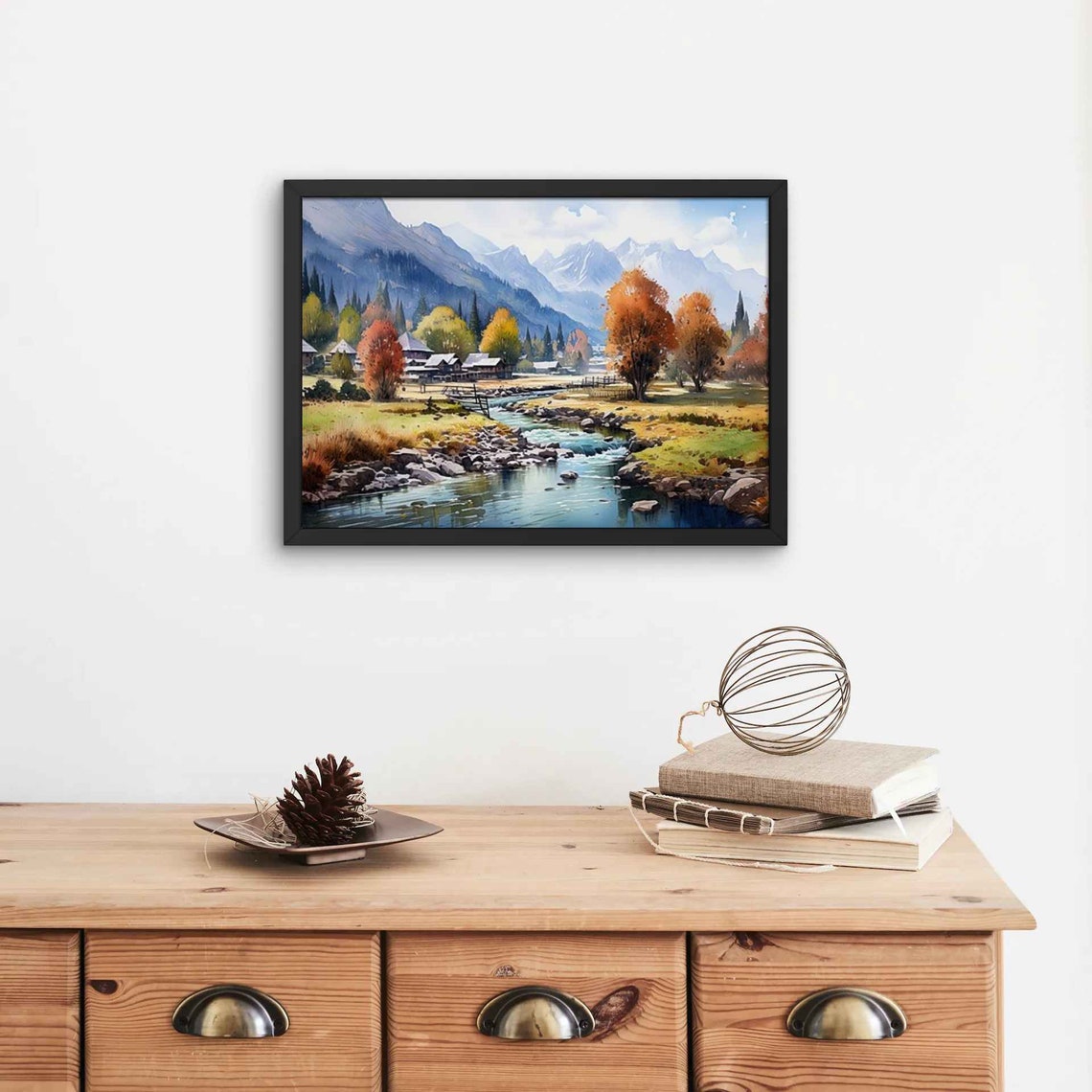 Kashmir Mountain Valley River Village Autumn Watercolor Poster - Image 5