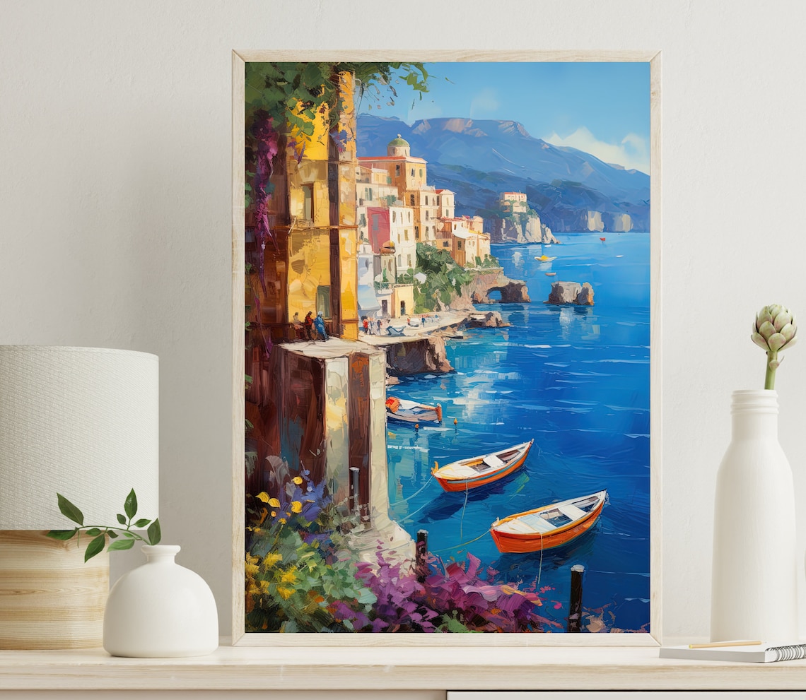 Sorrento Rocky Coastline With Colorful Fishing Boats Travel Poster