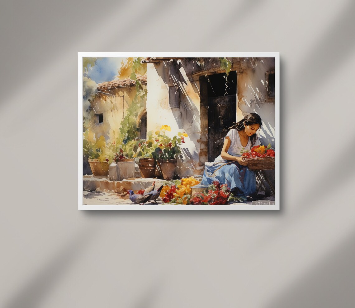 Mexican Flower Vendor Woman in a Sunlit Courtyard Watercolour Poster - Image 3