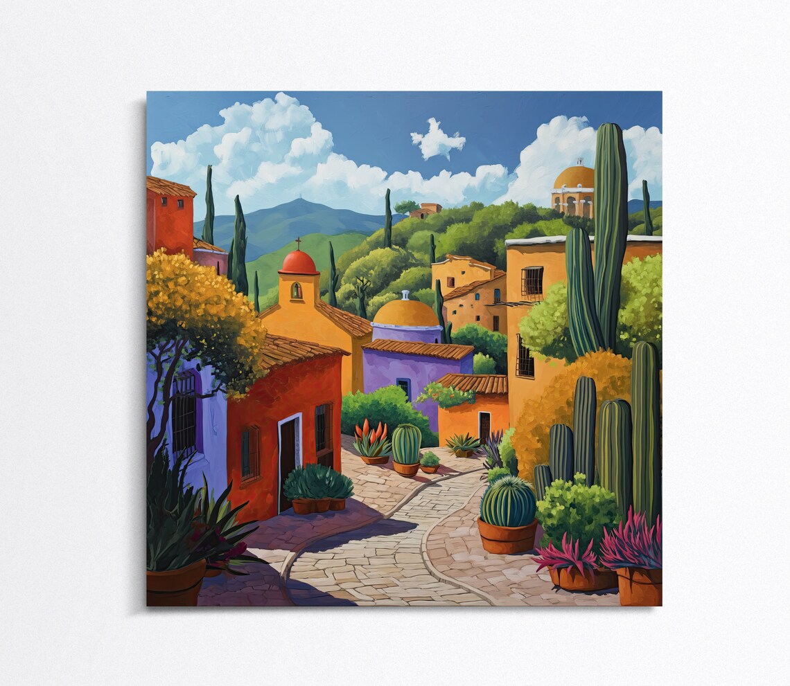 Colorful Mexican Hillside Town Church Domes Cacti Painting Poster - Image 4