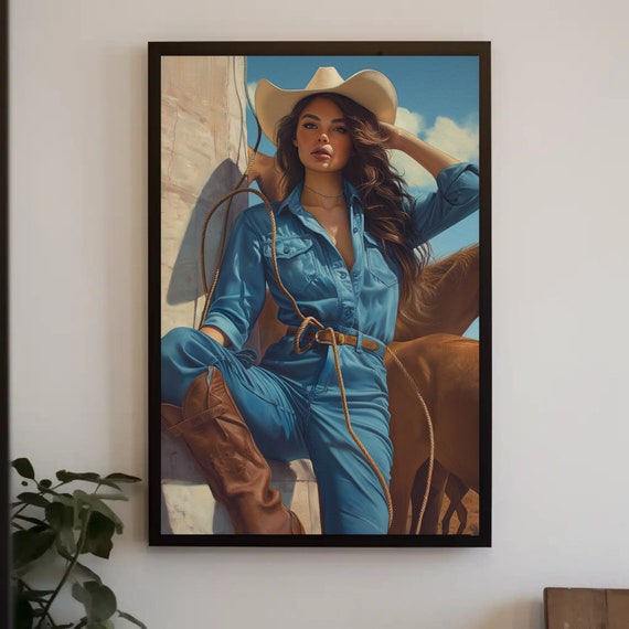 Beautiful Cowgirl Painting Print Framed Western Art Stunning Wall Decor Ready To Hang Perfect For Living Room Or Office