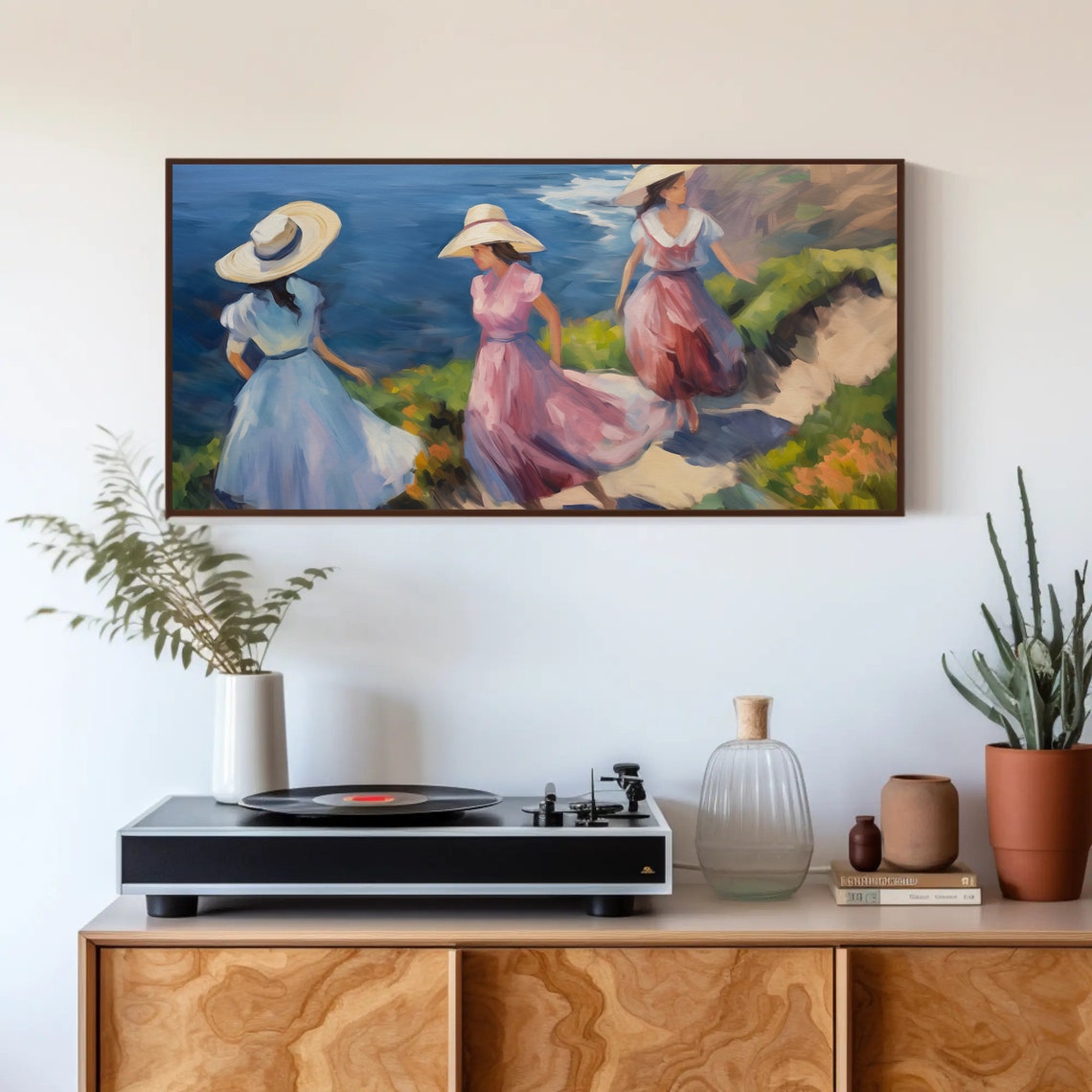 Oil Painting Of Women In Summer Hats And Ocean View Large Framed Poster Decor Girls Dorm Room Wall Decor Girls Hostel Decor - Image 3