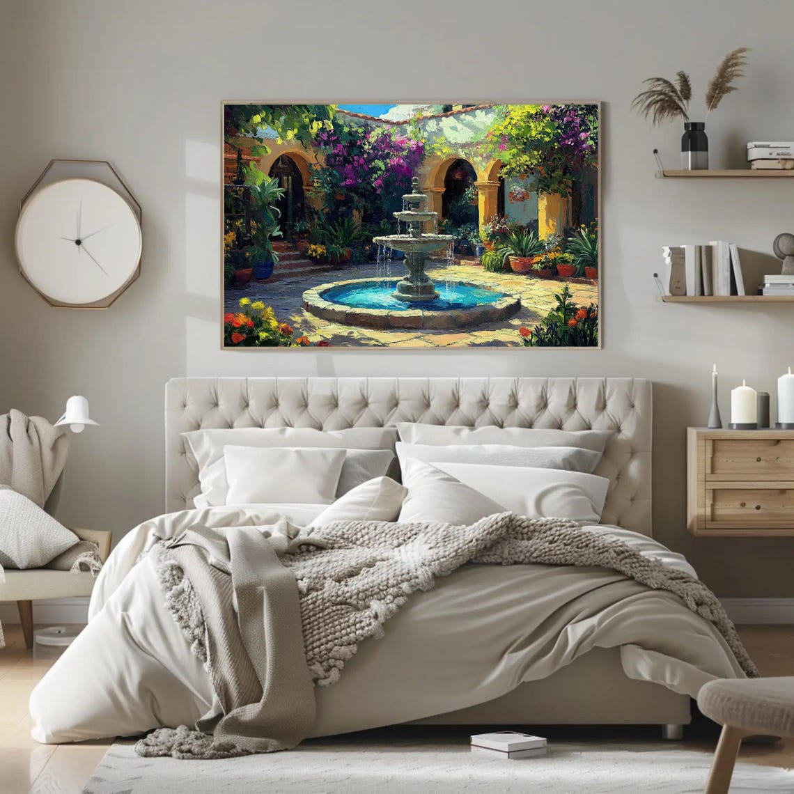 Mexican Villa Courtyard Stone Fountain Bougainvillea Sunny Day Poster - Image 2