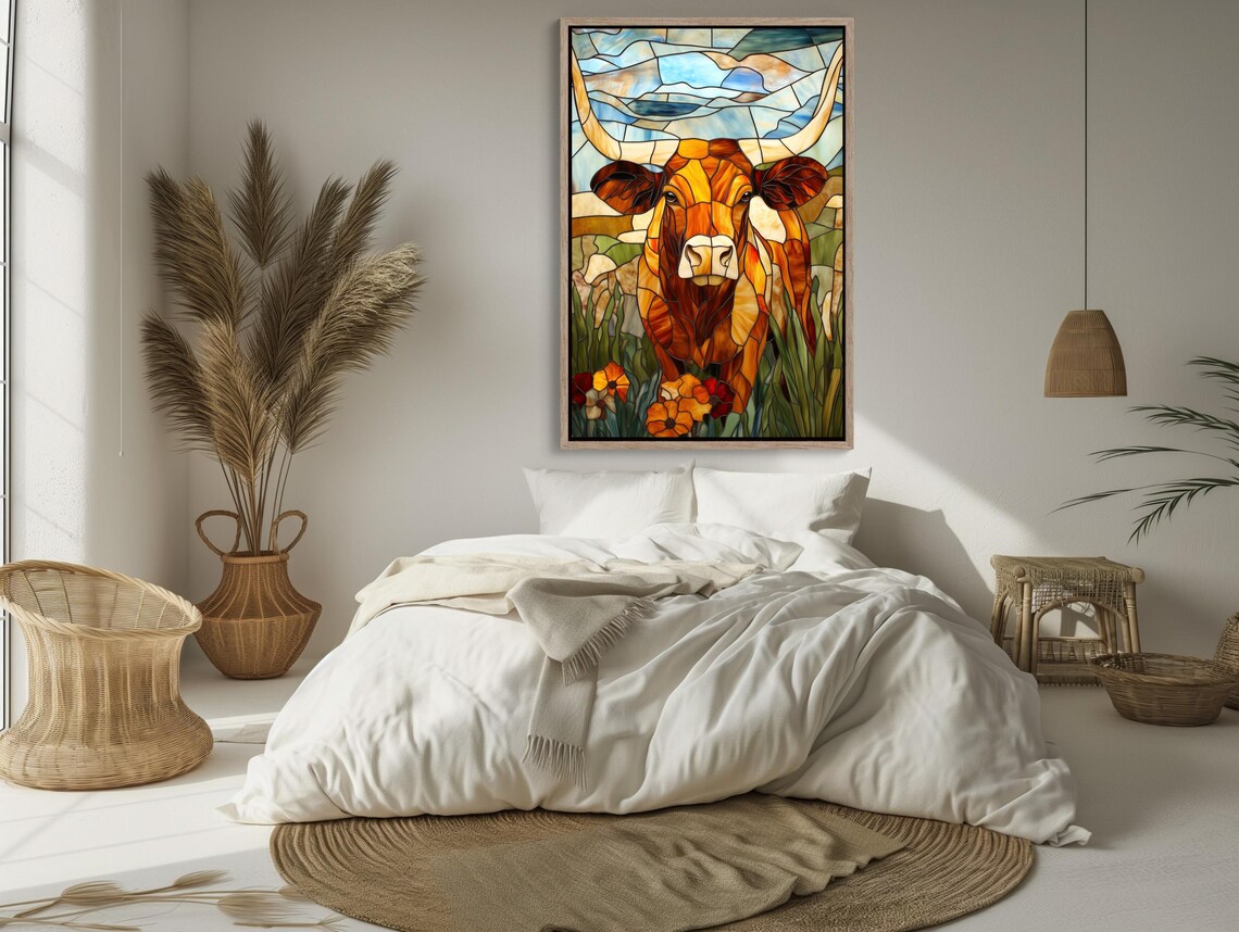 Texas Longhorn In Glowing Stained Glass Western Cattle Poster - Image 4