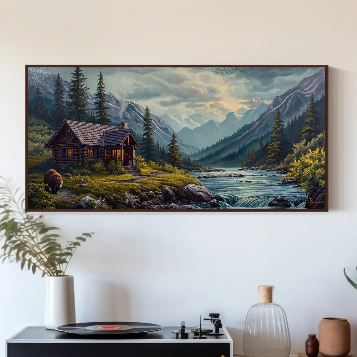 Log Cabin by River with Bear and Mountain Peaks Painting Poster