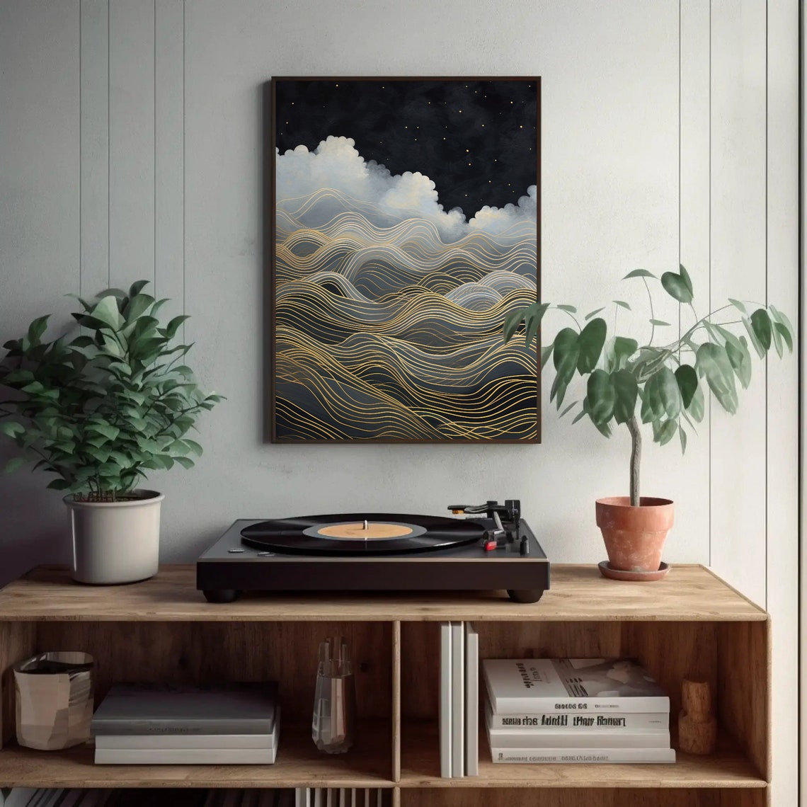 Golden Wave Lines Starry Night Sky Cloud Sea Line Art Poster - Image 2