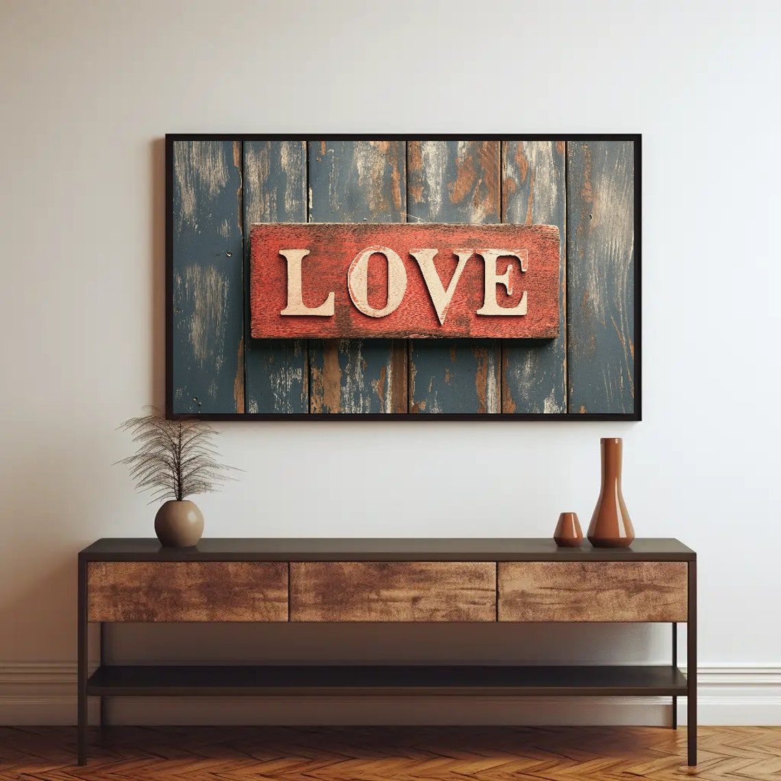 Rustic Red LOVE Wooden Sign On Distressed Blue Barnwood Print - Image 2