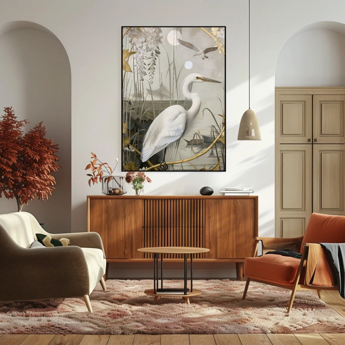 Gold White Great Egret Moonlit Reeds Chinoiserie Style Wall Art - Image 4