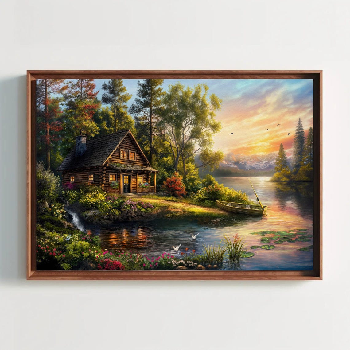 Cozy Lakeside Log Cabin Sunset With Flowers Cottage Art Poster
