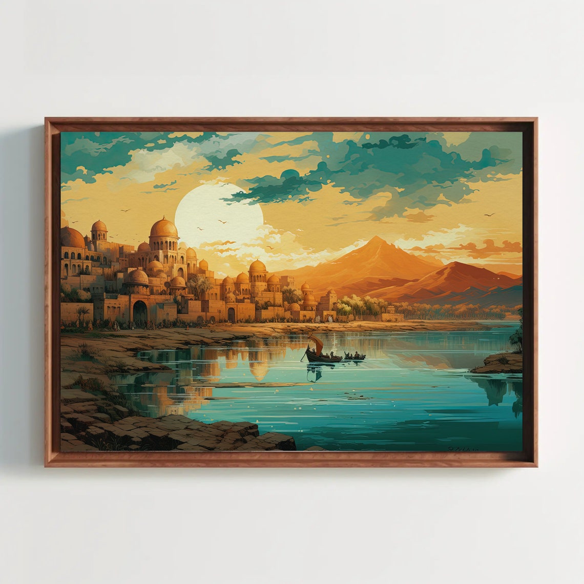 Ancient Domed Indian Riverside City at Sunset Watercolor Poster