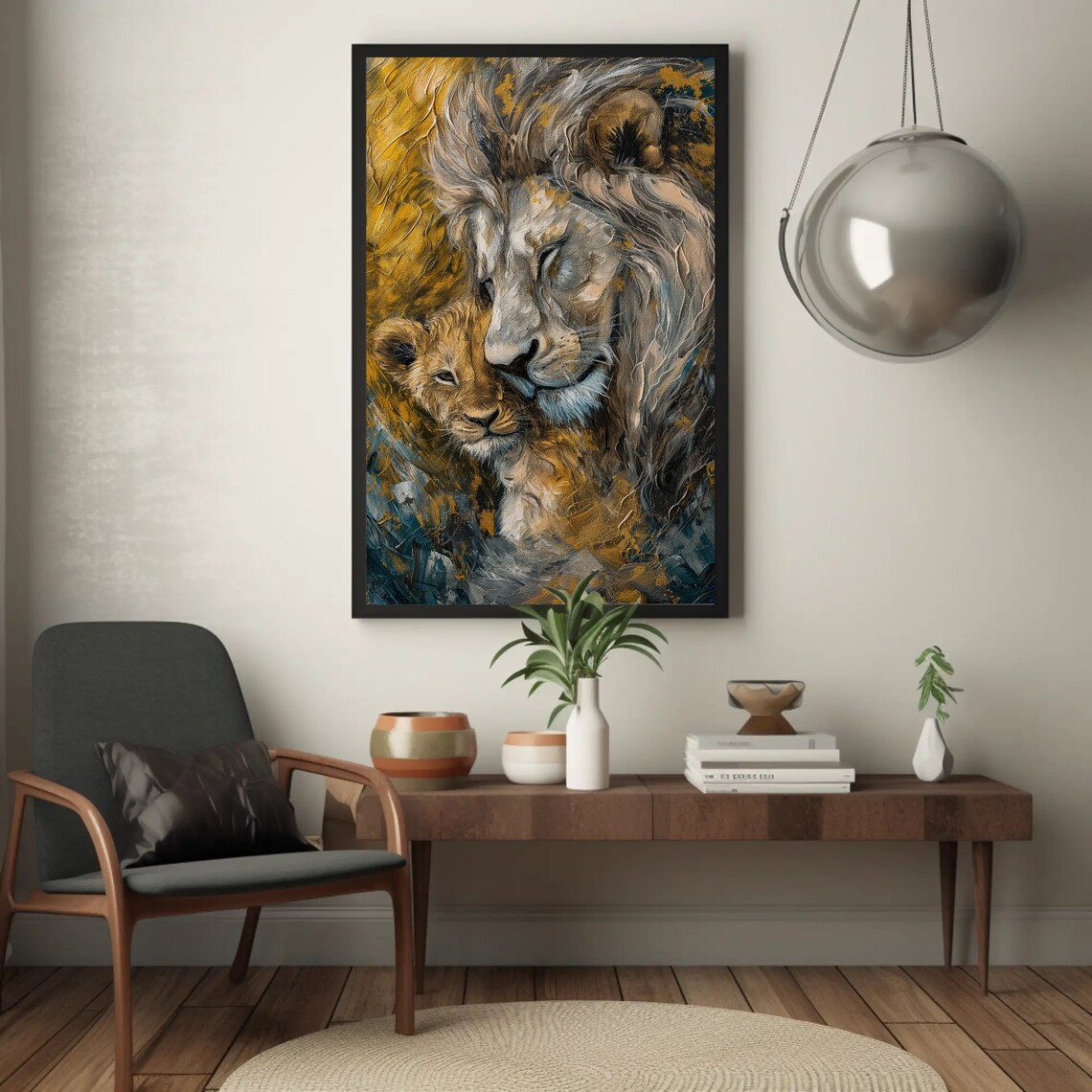 Father Lion Nuzzling Cub Tender Oil Painting Wildlife Wall Poster - Image 4