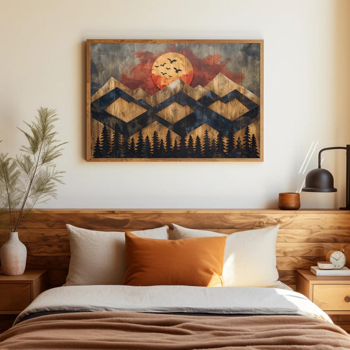 Rustic Sunset Mountain Wooden Effect Print Nature Inspired Wall Art Framed Landscape Decor For Living Room Bedroom Cabin - Image 4