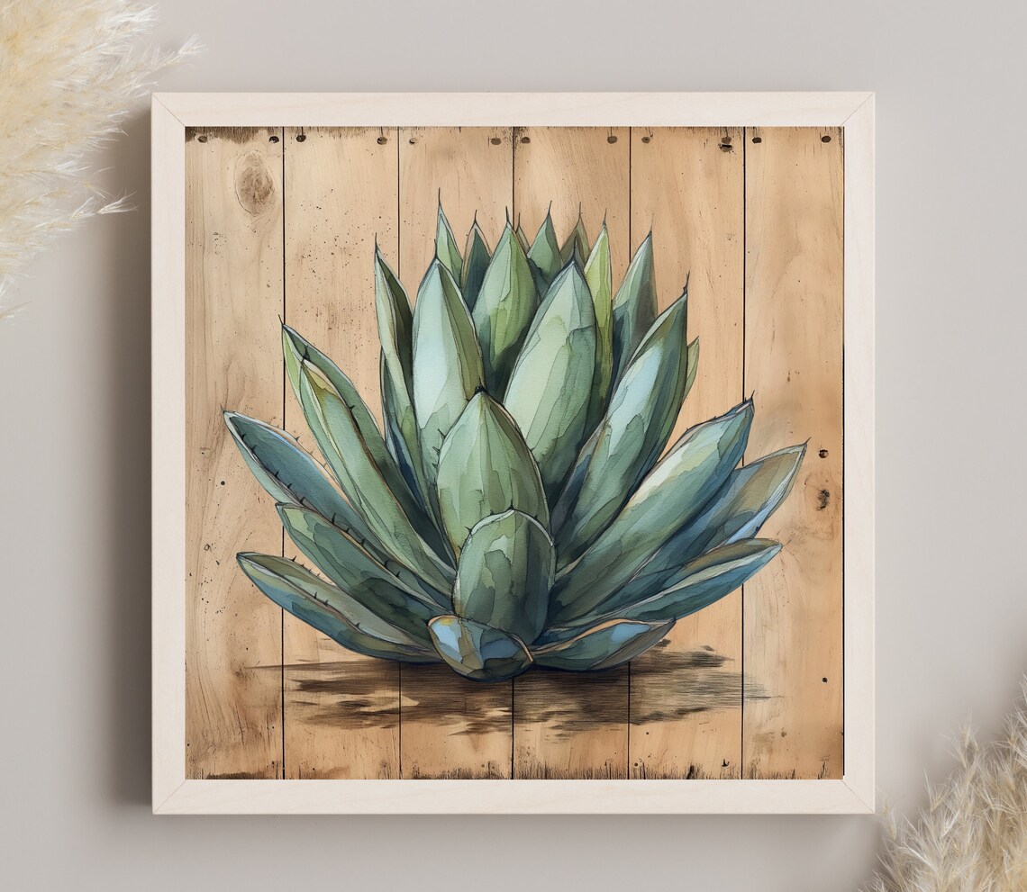 Blue Agave Succulent Watercolor Painting on Wood Plank Wall Poster - Image 2