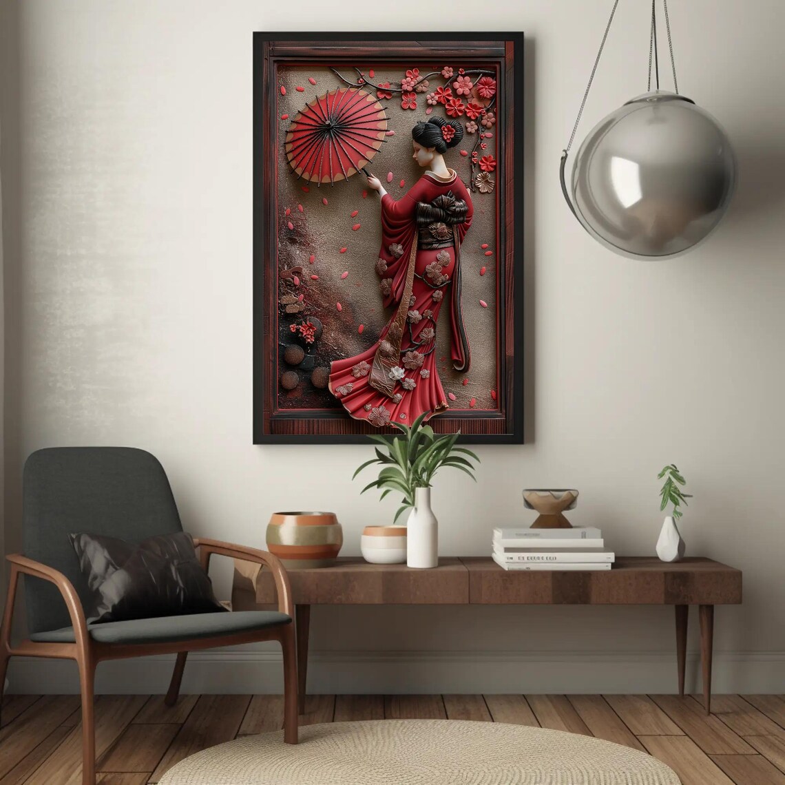 Japanese Geisha In Red Kimono With Umbrella 3D Clay Art Poster - Image 2