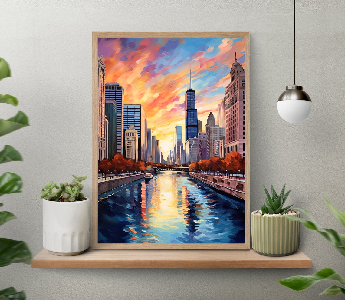 Chicago River Skyline Glowing Sunset Watercolor Style Poster - Image 5