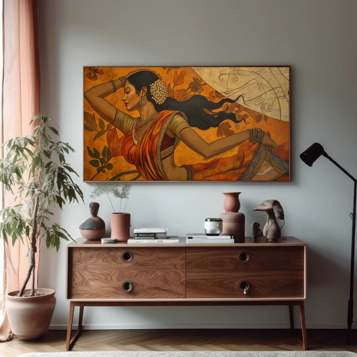 Indian Woman in Orange Saree Dancing Golden Traditional Art Poster - Image 4
