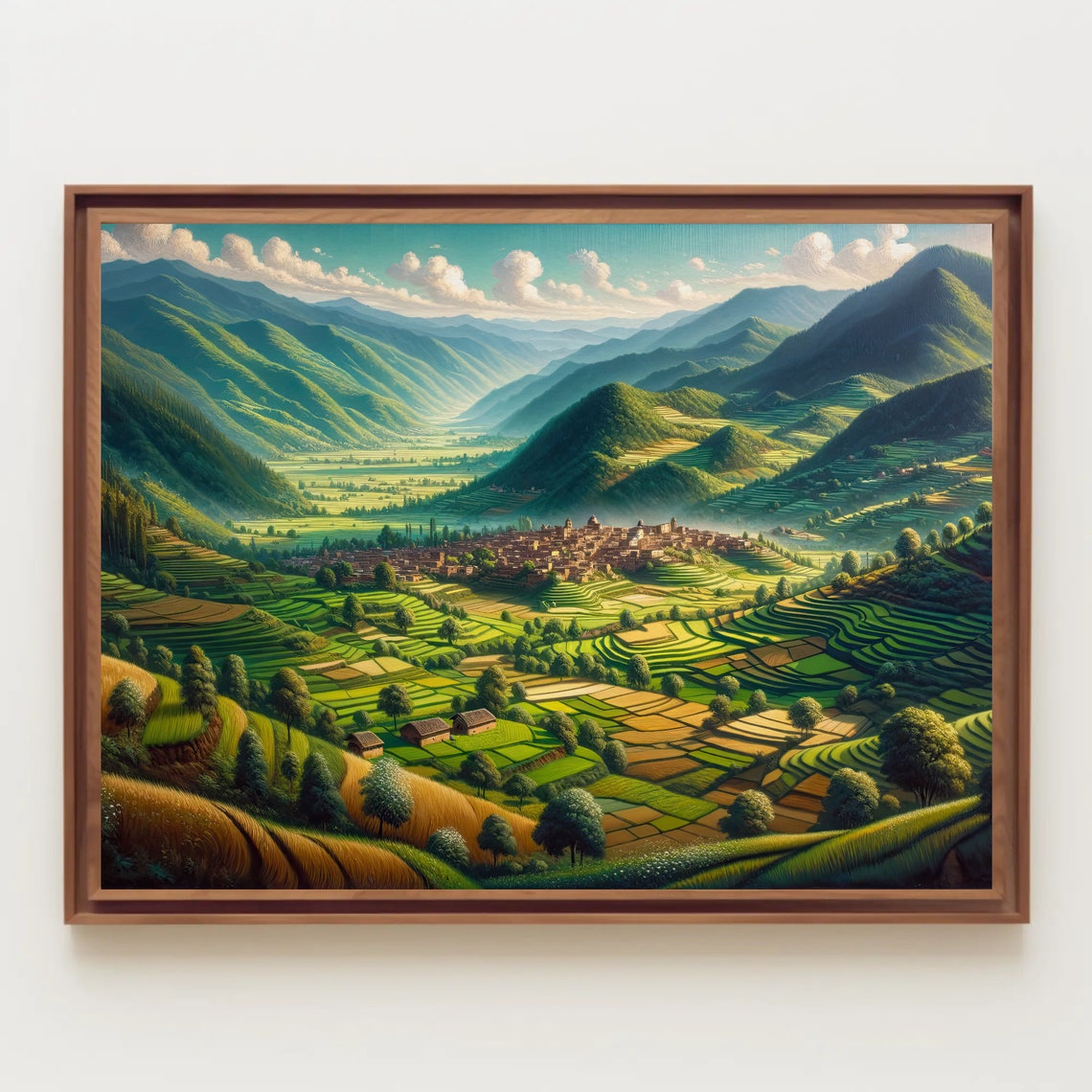 Lush Terraced Green Valley With Mountain Village Panorama Poster - Image 4
