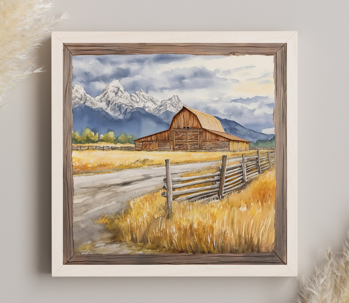 Moulton Barn and Grand Teton Mountains Wyoming Watercolor Poster - Image 3