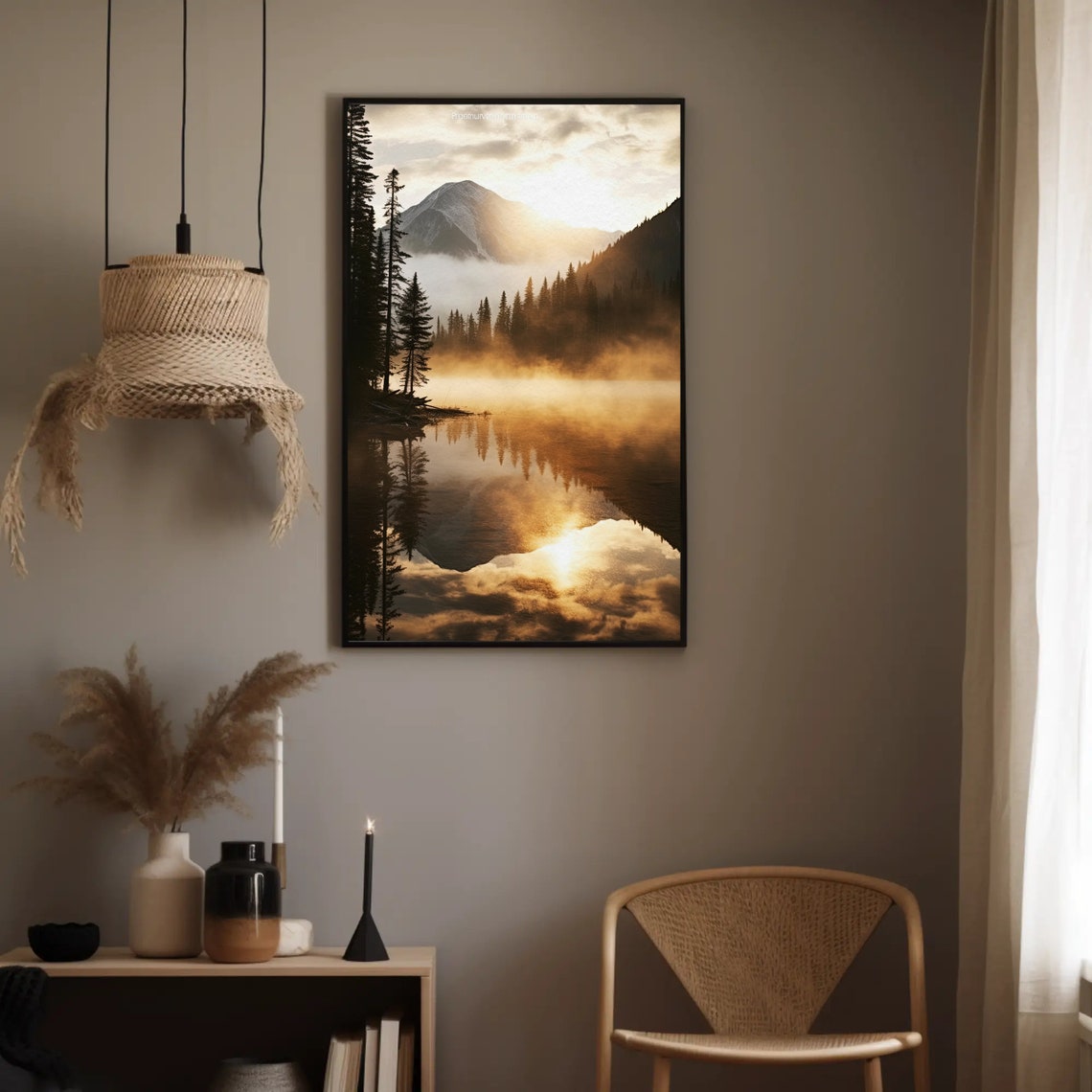 Golden Sunrise Mountain Lake Misty Reflection Nature Scene Poster - Image 2