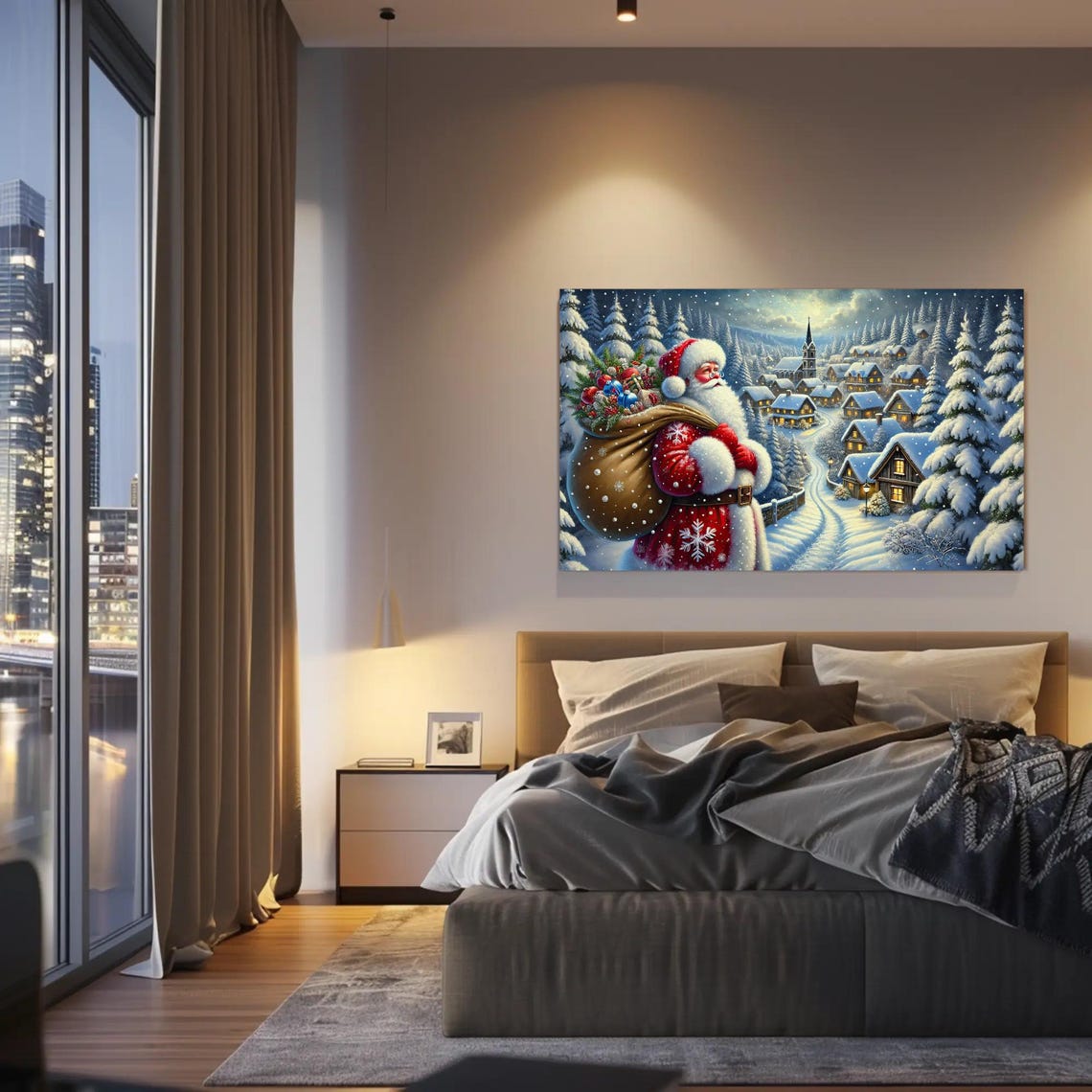 Santa Claus Overlooking A Snowy Christmas Village Night Poster - Image 2