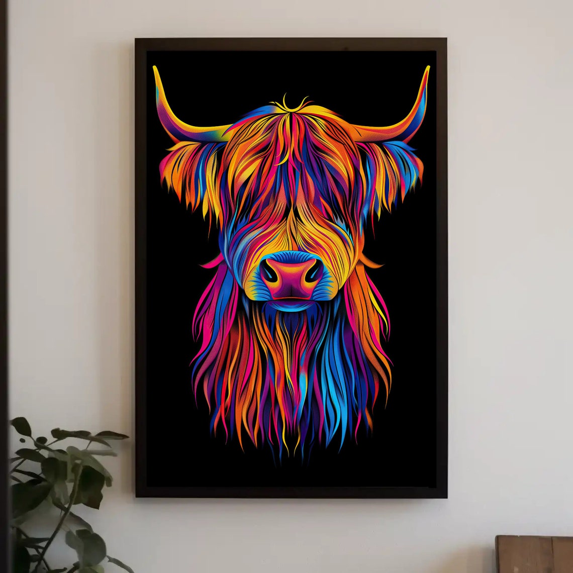 Colorful Neon Highland Cow Head Black Background Animal Poster