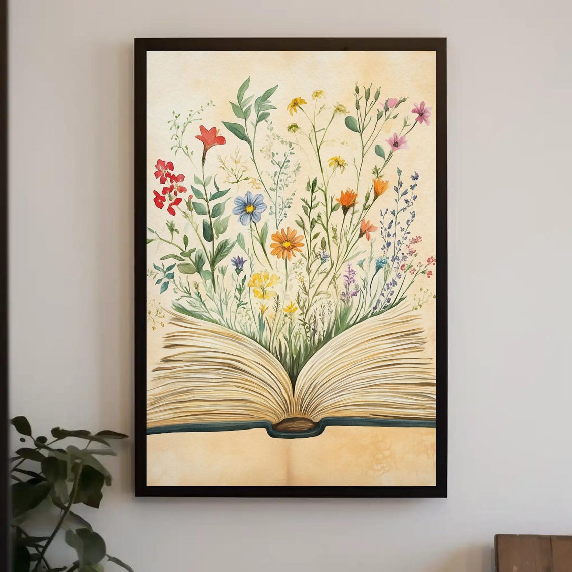 Open Vintage Book with Wildflowers Sprouting from Pages Art Poster