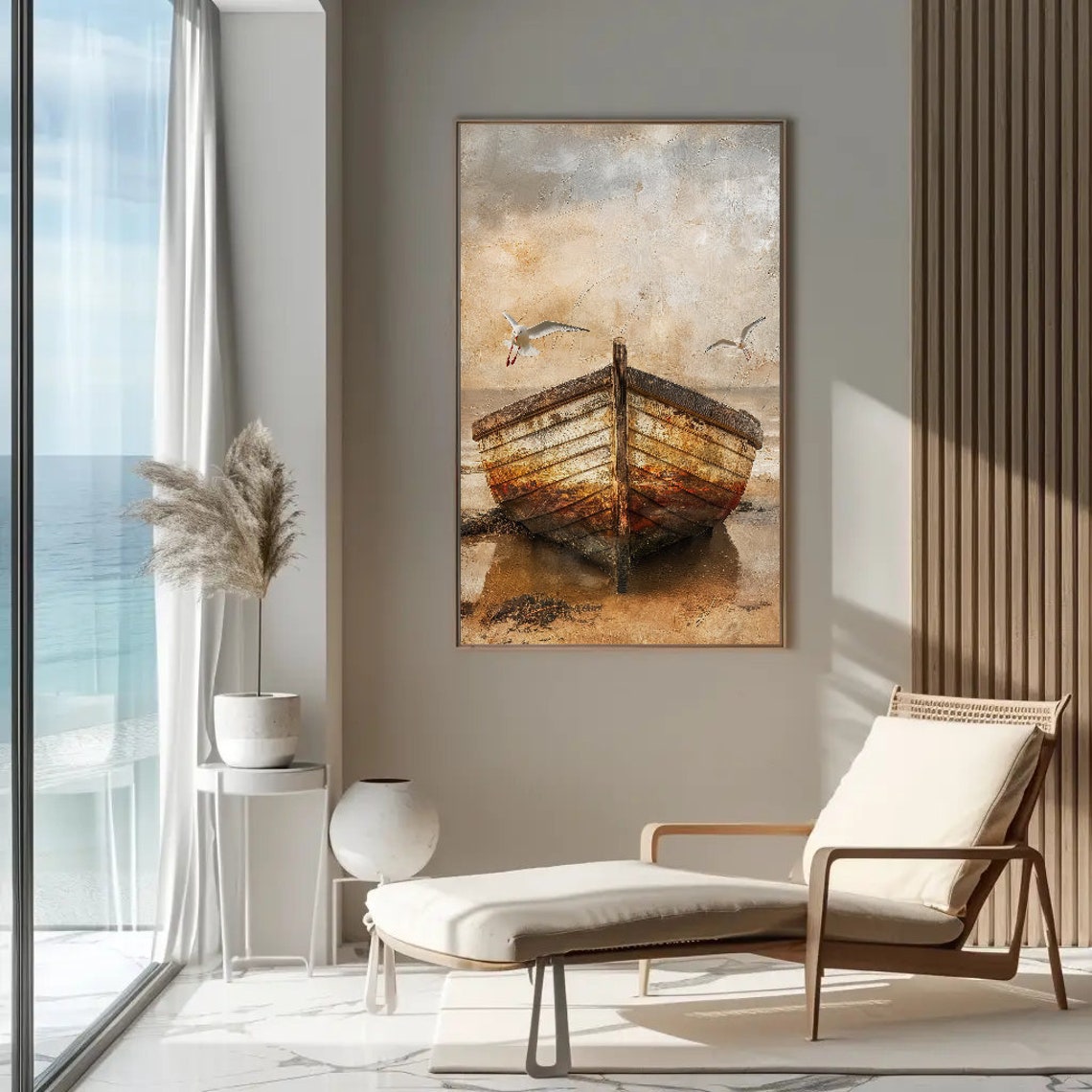 Weathered Wooden Rowboat on the Beach Seagulls Coastal Art Poster - Image 3