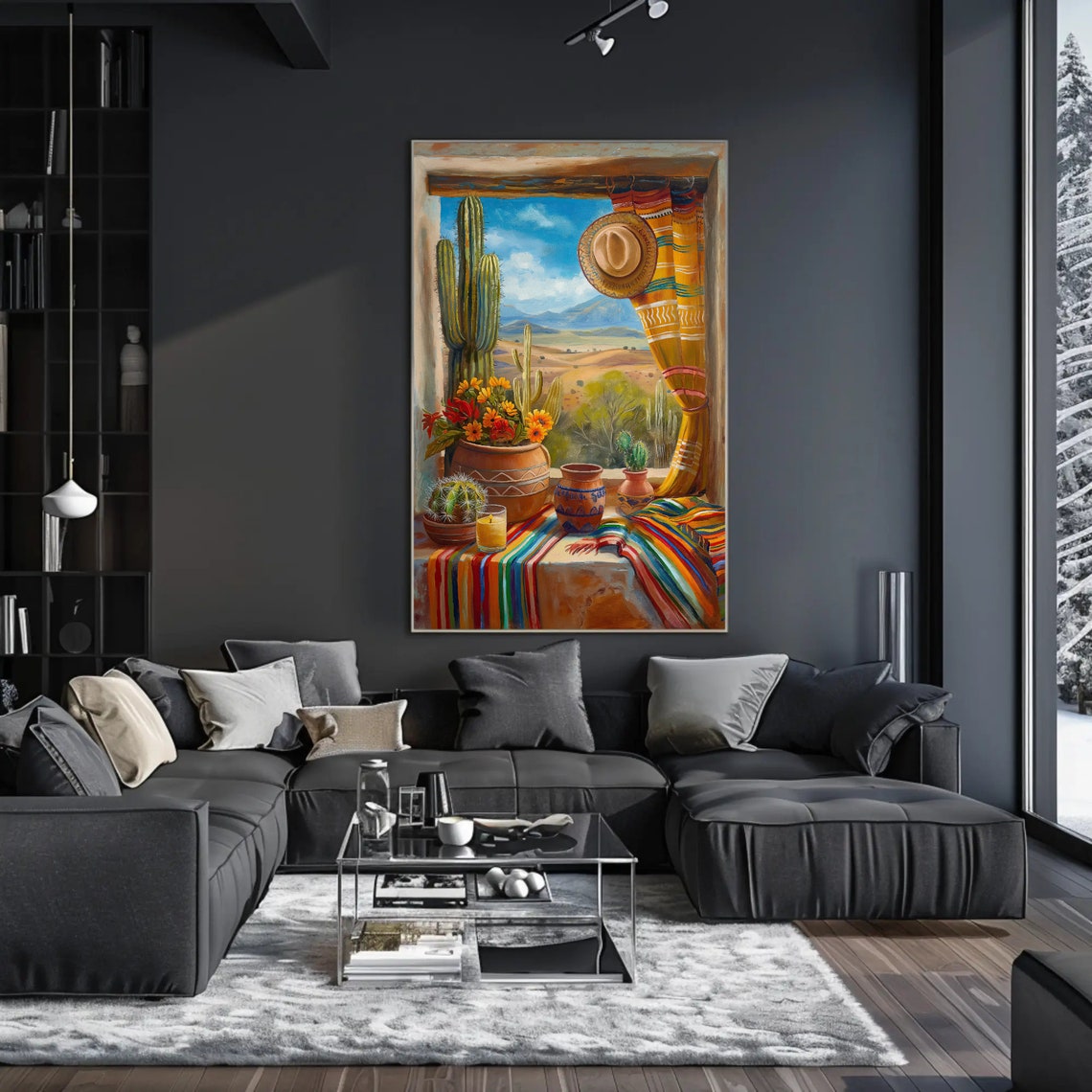 Mexican Window With Cactus Clay Pots And Colorful Serape Poster - Image 4