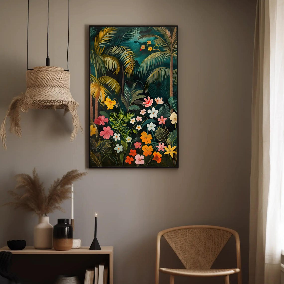 Night Jungle Palm Trees Hibiscus Tropical Floral Art Wall Poster - Image 5