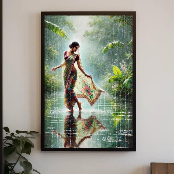 Monsoon Magic Indian Women In Rain Print Vibrant Traditional Oil Painting Cultural Indian Wall Art For Living Room Or Bedroom