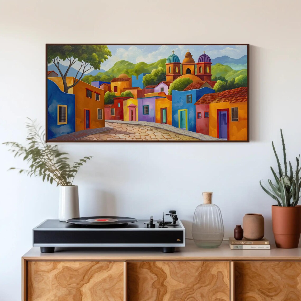 Colorful Mexican Town Street With Twin Church Domes Art Poster - Image 3