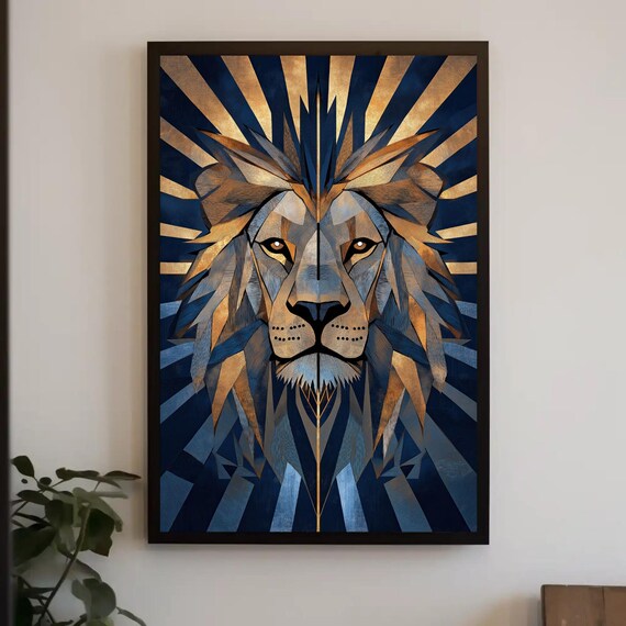 Geometric Lion Portrait in Navy and Gold Art Deco Style Poster