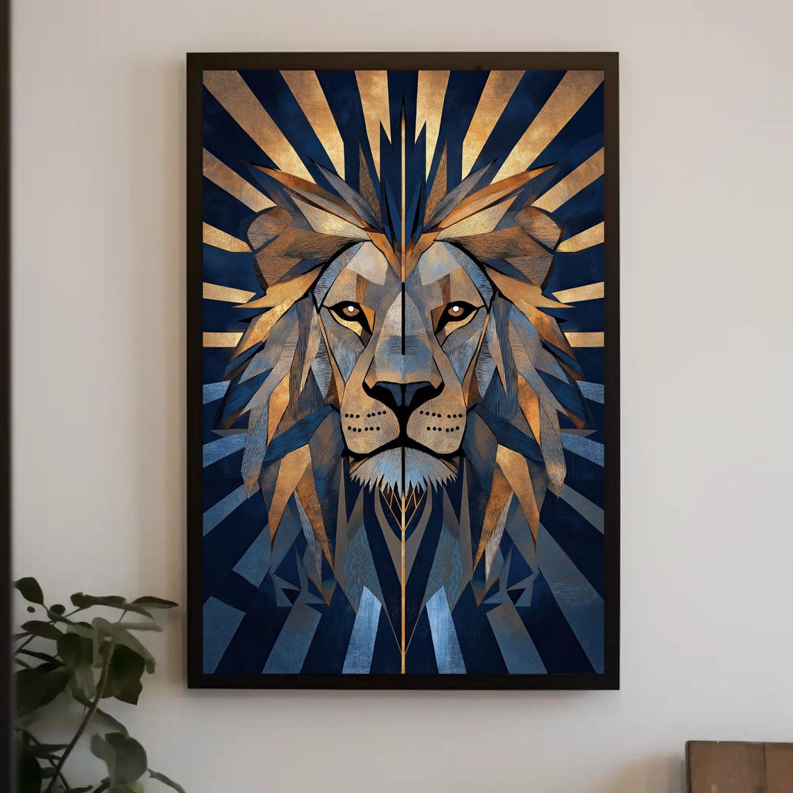 Geometric Lion Portrait in Navy and Gold Art Deco Style Poster