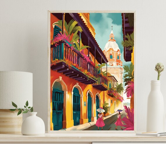 Colorful Cartagena Colonial Street With Balconies And Church Tower Poster