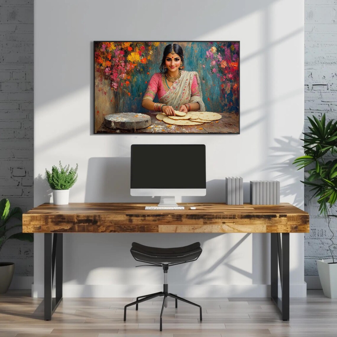 Indian Woman Rolling Roti Colorful Traditional Kitchen Art Poster - Image 2