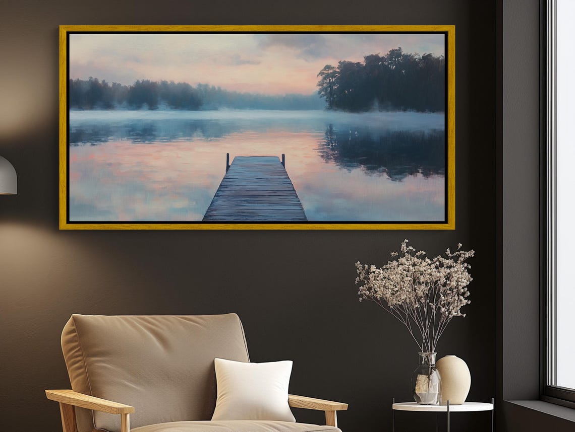 Quiet Lake At Dawn Panoramic Painting Print Tranquil Nature Wall Art Serene Morning Reflections Decor Landscape - Image 3