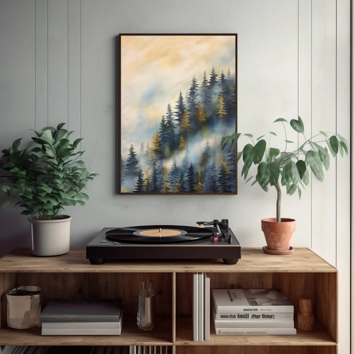 Misty Blue Pine Forest Mountain Fog Modern Abstract Art Poster - Image 2