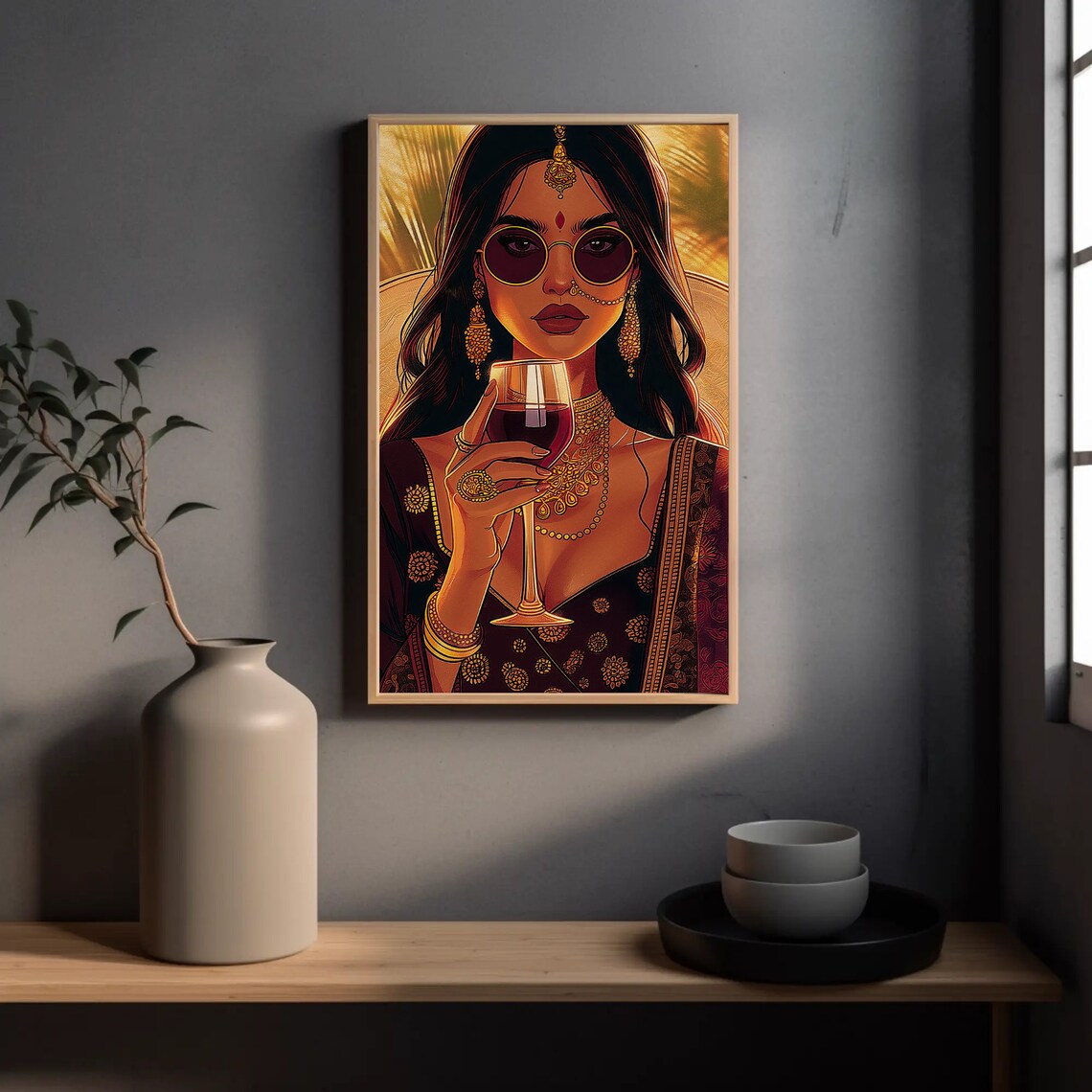 Stylish Indian Woman Drinking Wine Poster Print - Image 5