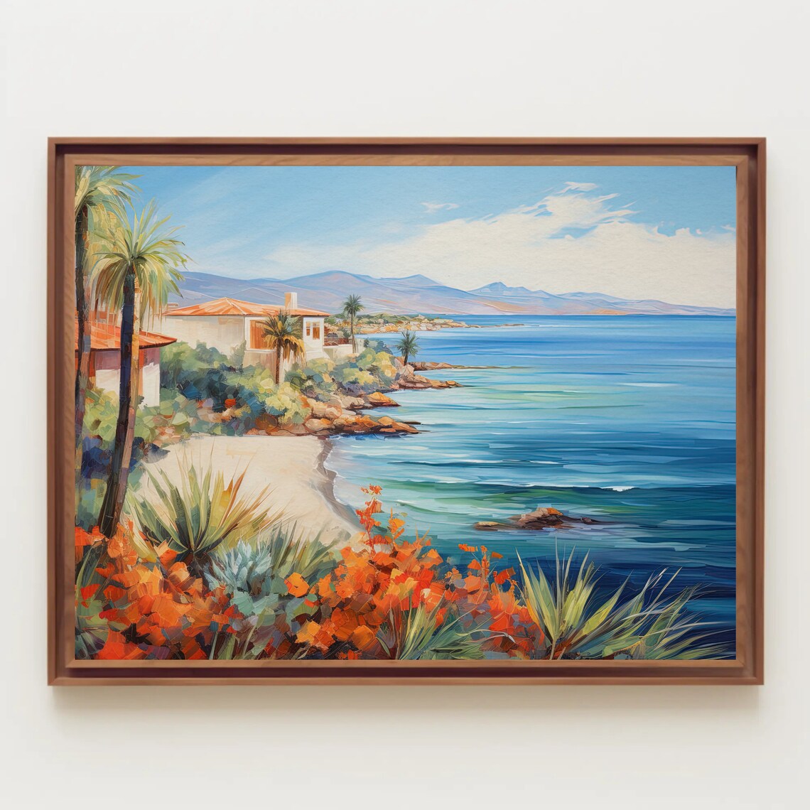 Coastal Mediterranean Seascape Palm Trees Beach Art Painting Poster - Image 2