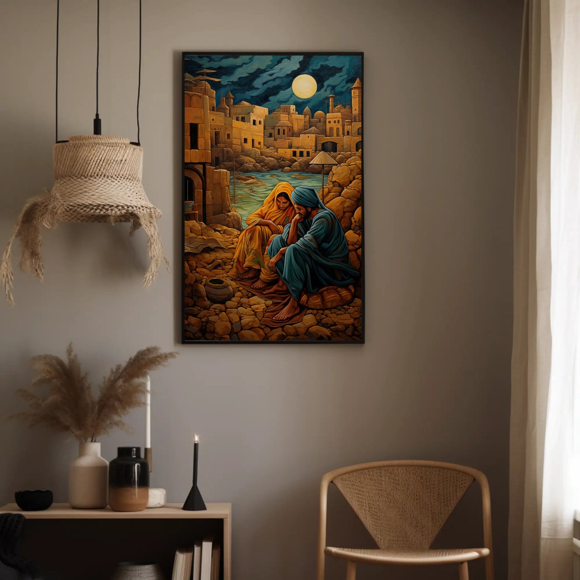 Indian Couple Sitting Under Moonlight in Ancient Desert City Poster - Image 2