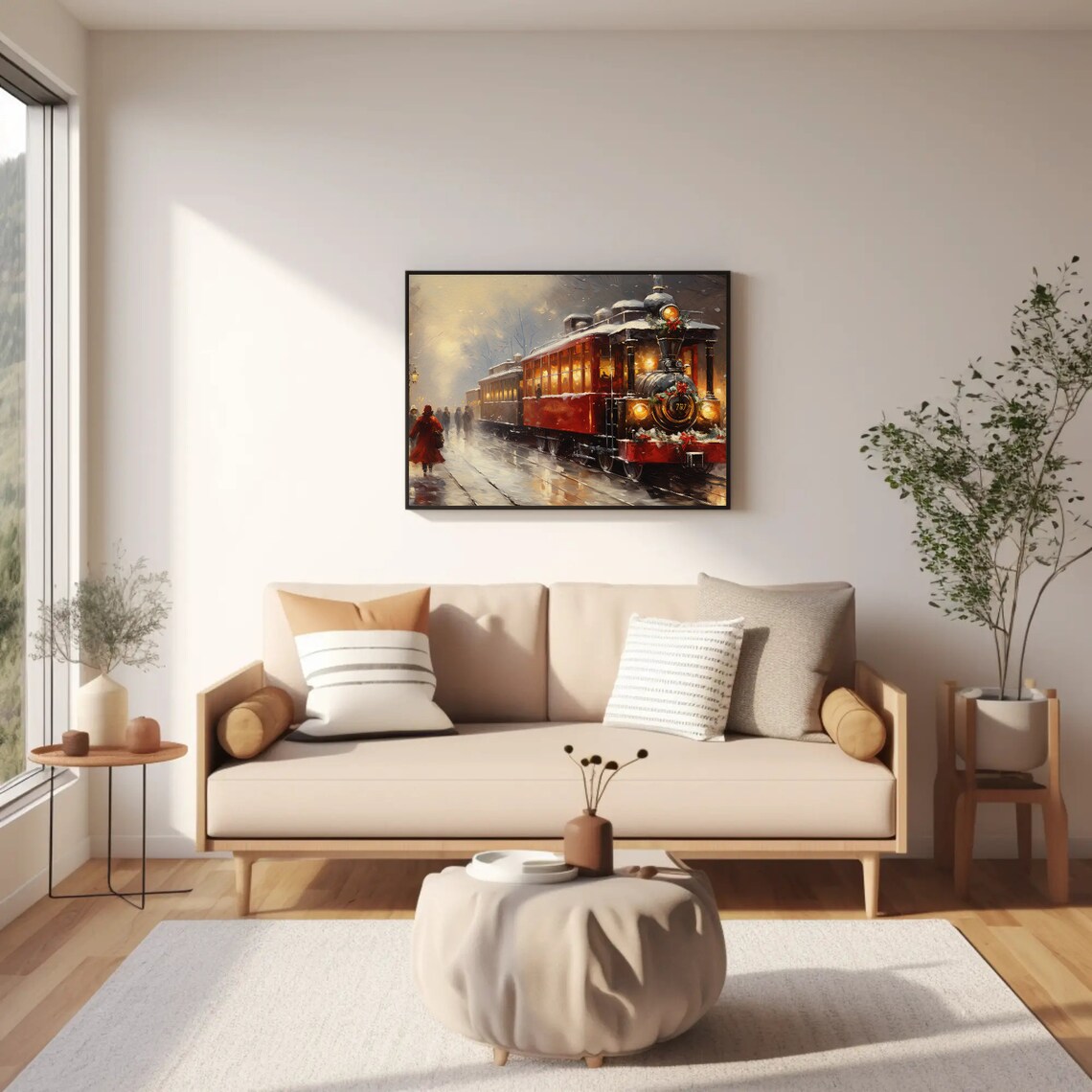 Red Vintage Train in a Snowy Christmas Station Scene Art Poster - Image 2