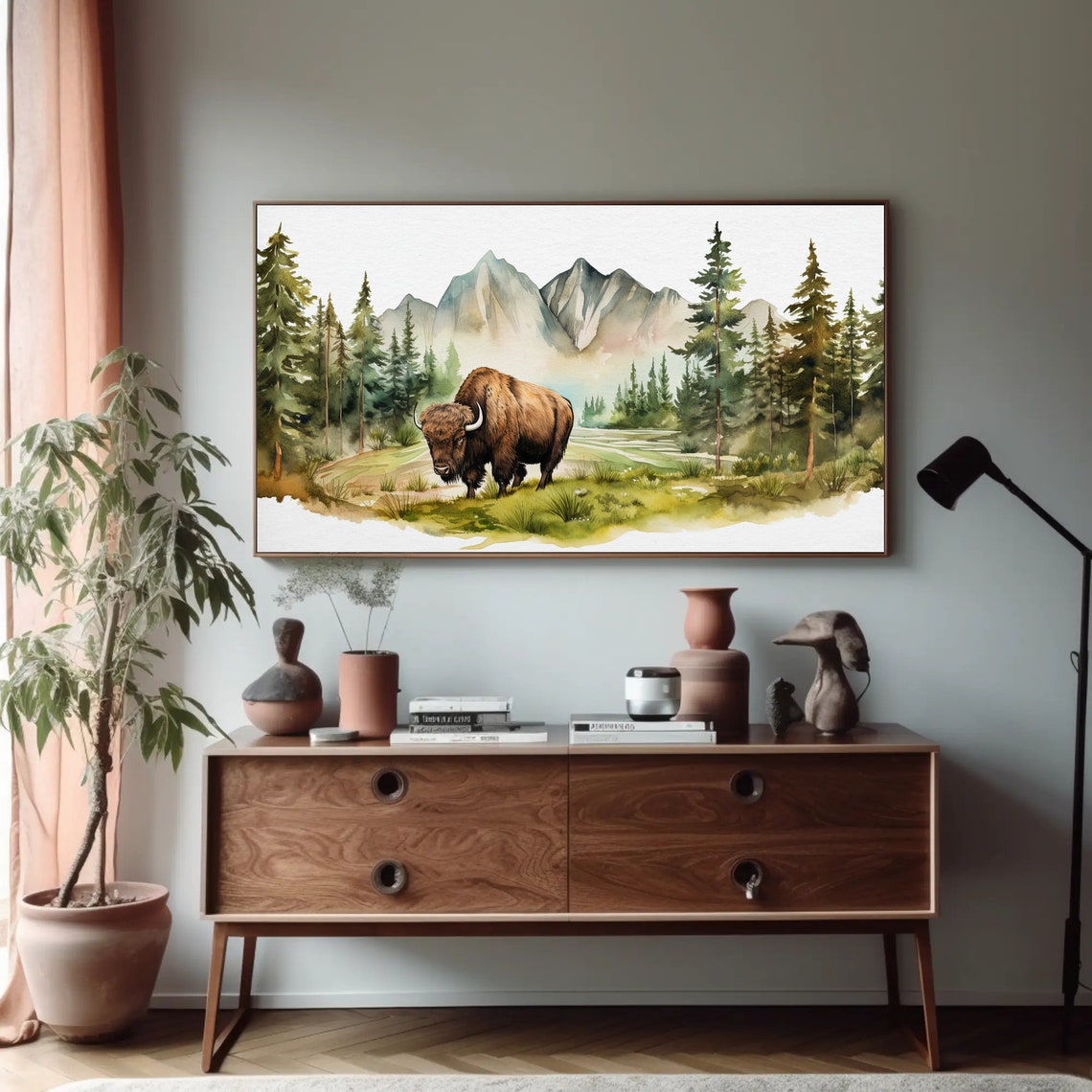 Bison in Mountain Forest Watercolor Wildlife Nature Decor Poster - Image 4