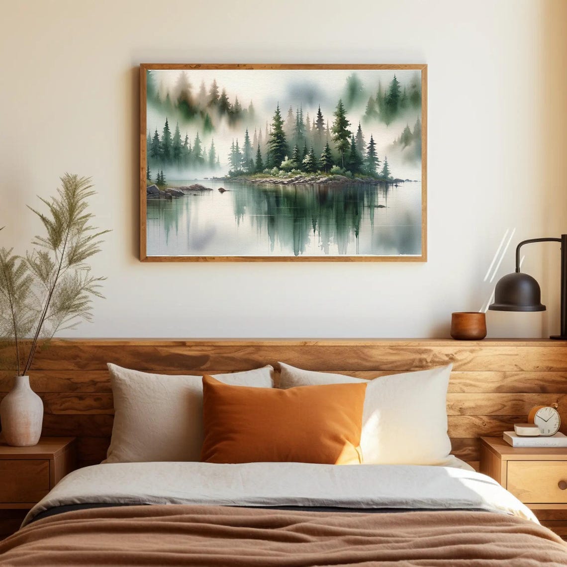 Misty Lake With Pine Island Reflection Watercolor Nature Poster - Image 4