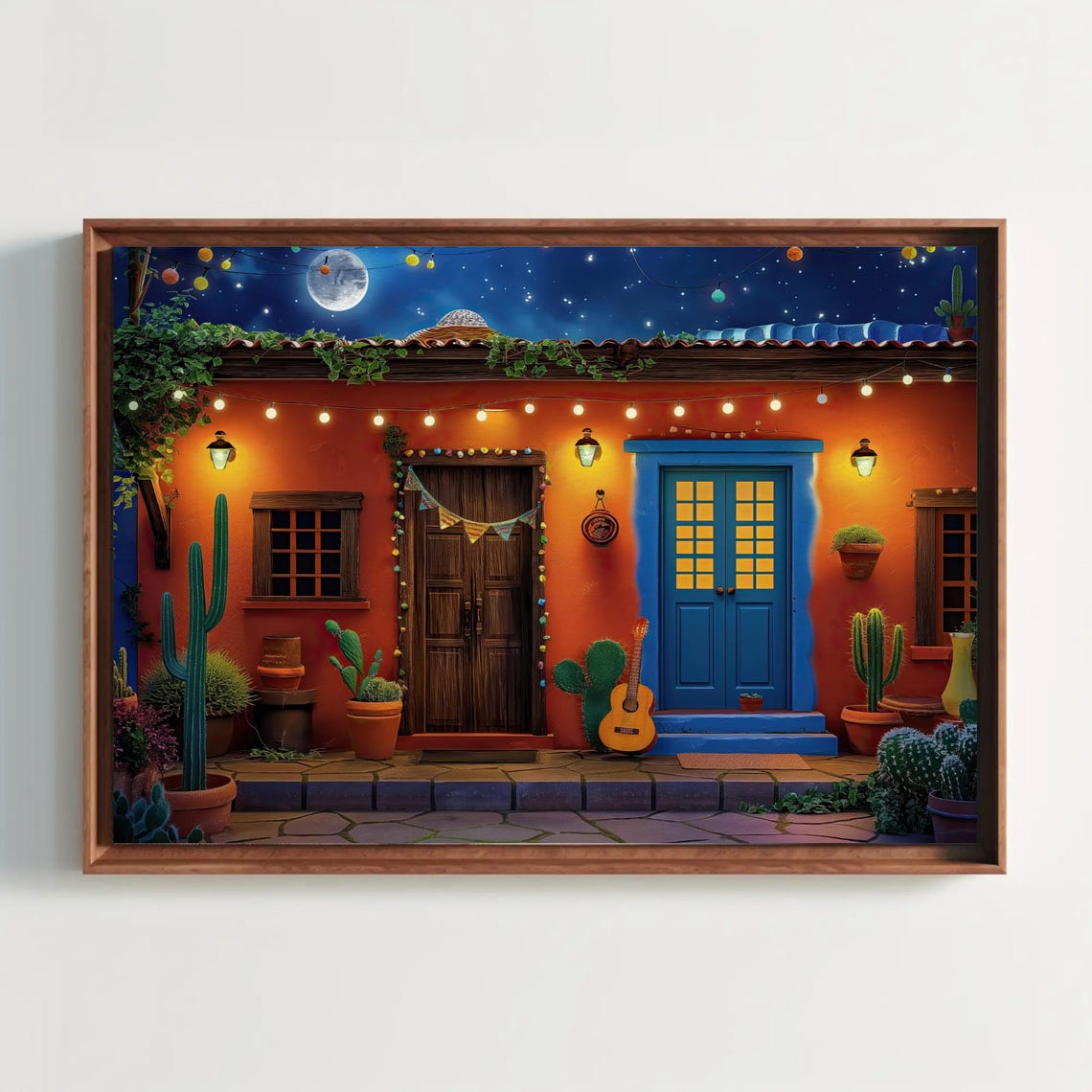 Mexican Casa Night Full Moon Glowing String Lights Festive Poster