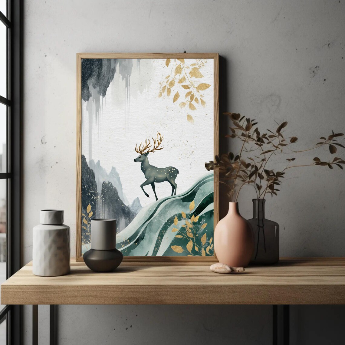 Silver Stag With Golden Antlers Climbing Misty Green Hillside Poster - Image 3