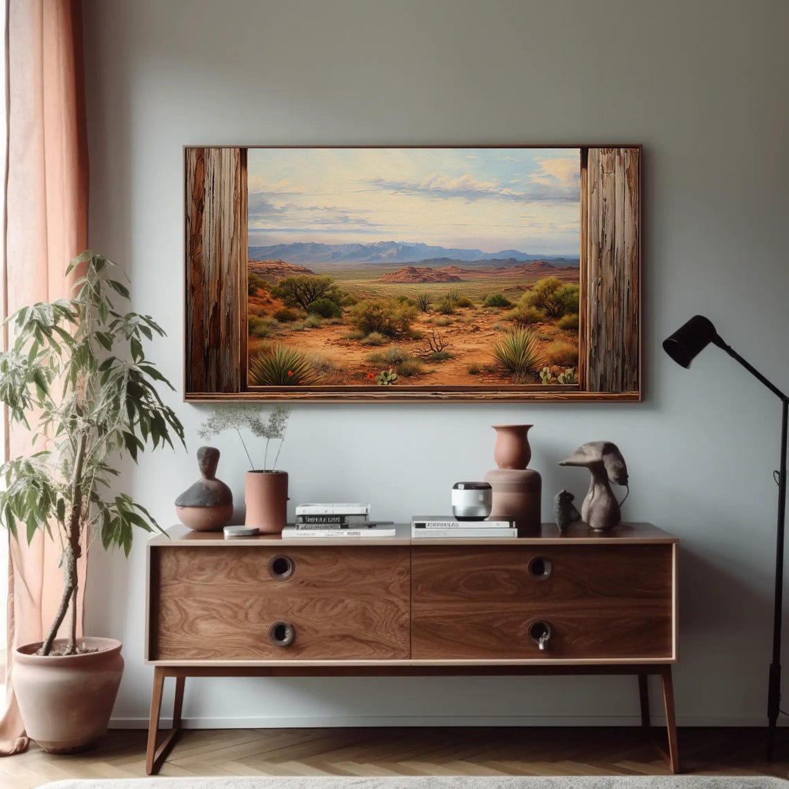 Southwest Desert Valley View Framed by Rustic Wooden Window Poster - Image 5